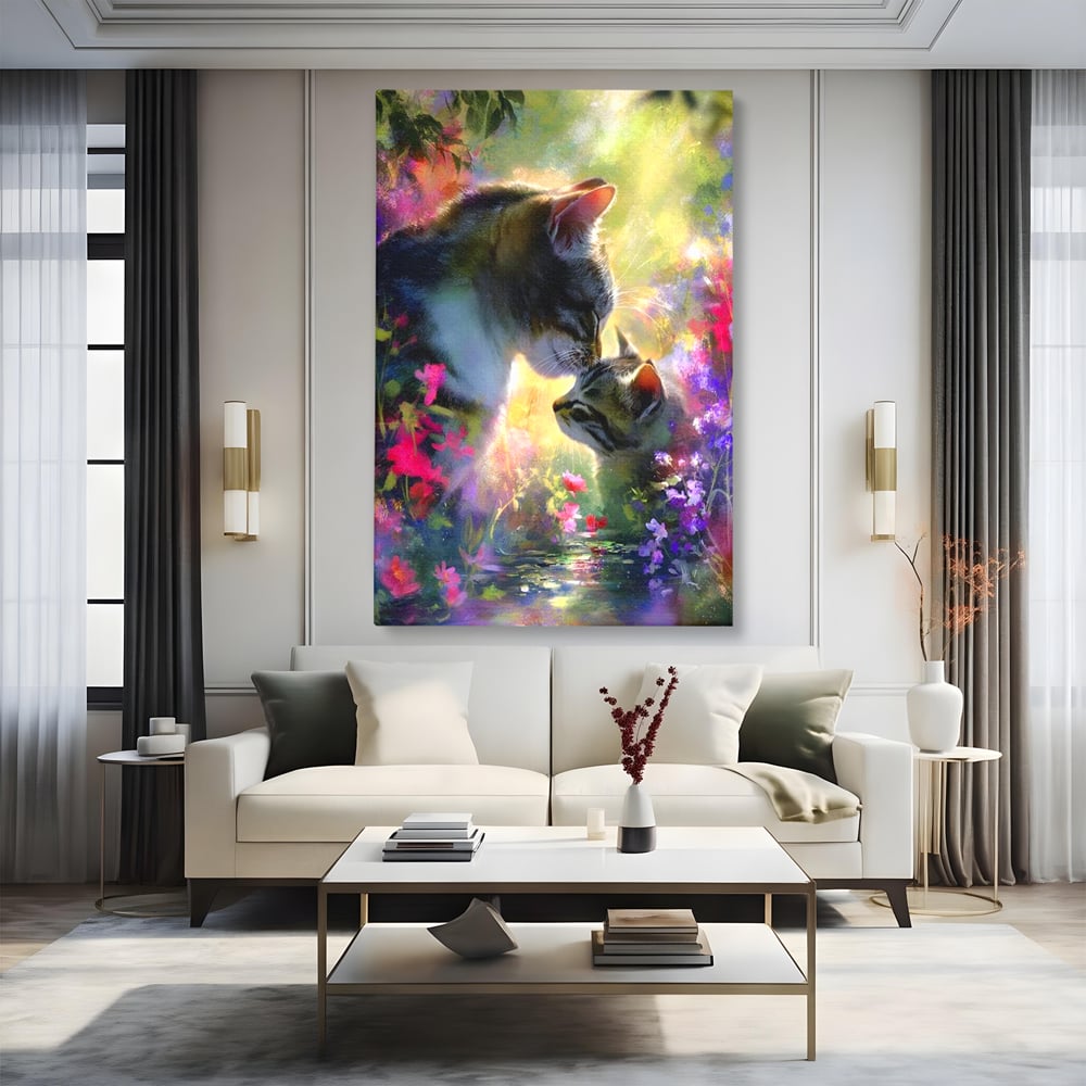 Tablou canvas cu tablou canvas cu pisici mangaite in gradina, fara rama, pe sasiu de lemn, pe perete intr-un living